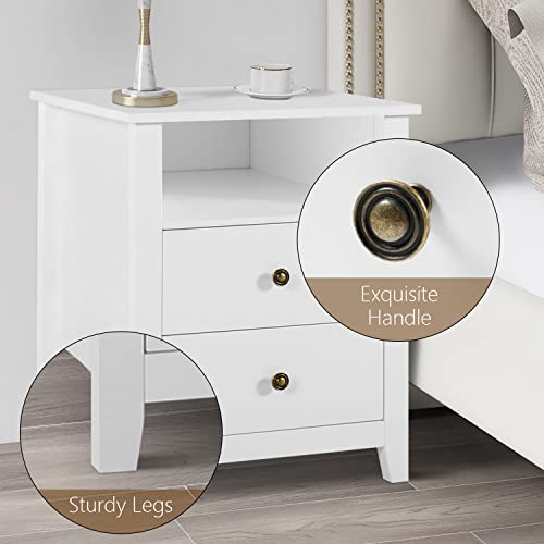 White Nightstands with Drawer Set of 2 Wood Bedside Tables U8338