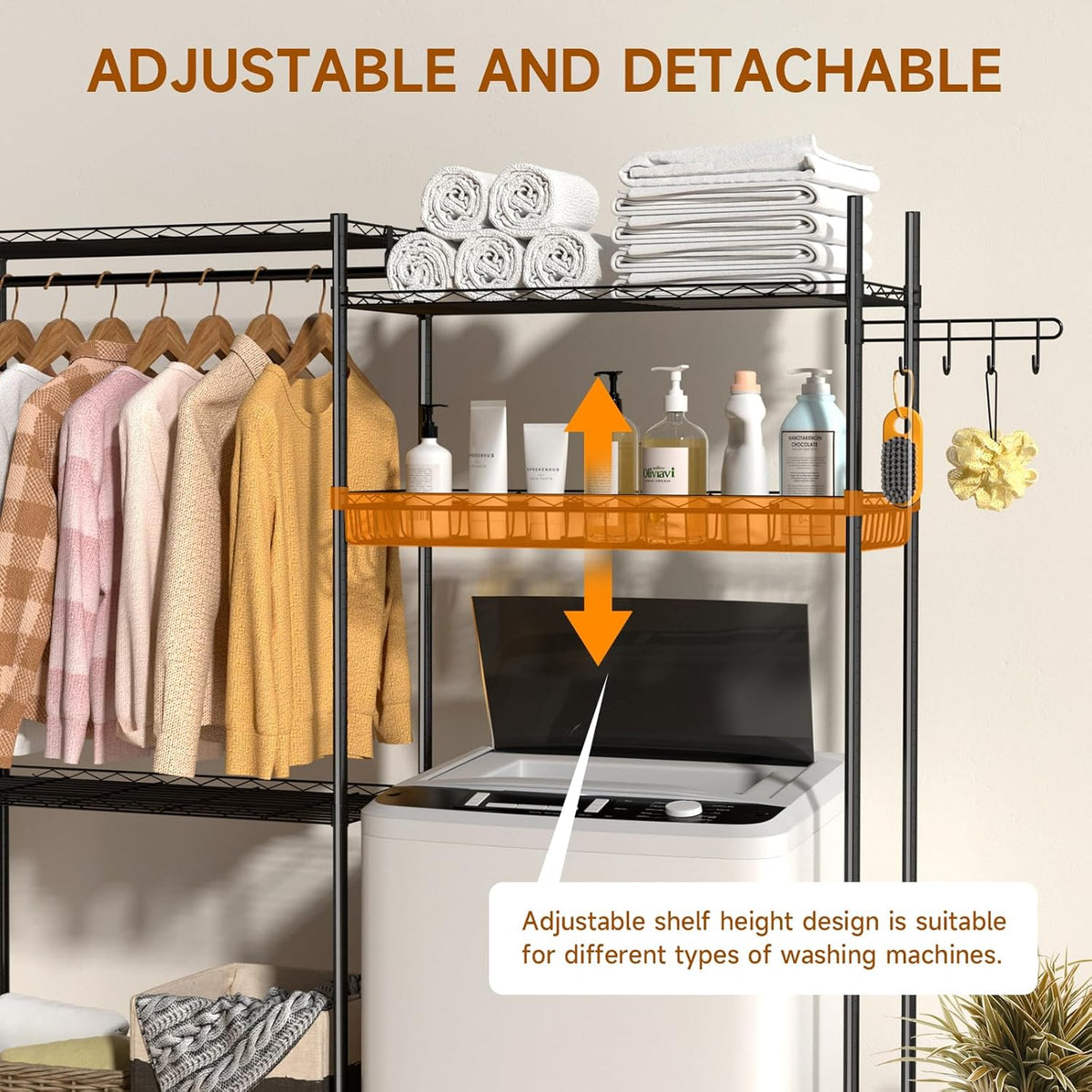 Over The Washer and Dryer Laundry Room Storage Shelf with Adjustable Shelves, Wire Basket, and Rotatable Hooks R51877
