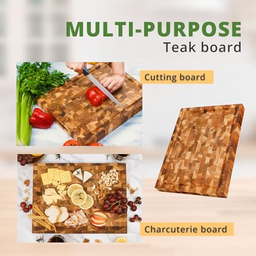 Teak Wood End Grain Cutting Board with Juice Groove Hand Grip (Medium 18x14x1.5 inches) M2824