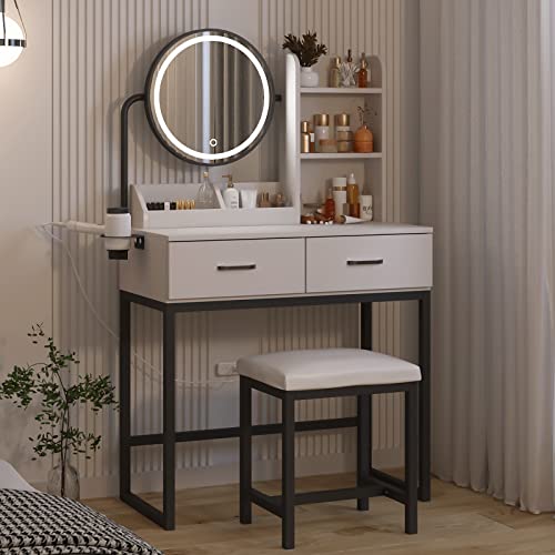 White Vanity Desk with Round Mirror and Lights and Hair Dryer Rack (Brown and Black, 15.75 * 31.5 * 53.6in) V229