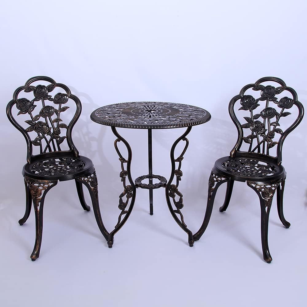 3 Pack Bistro Table and Chair Set with Rose Pattern Carving AntiRust Cast Aluminum Antique Bronze Outdoor Furniture A6678