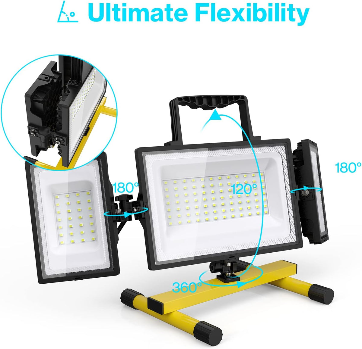 80W LED Work Light, Triple Adjustable Heads, 6500K, IP65 Waterproof, with Stand, Pack of 2 A280