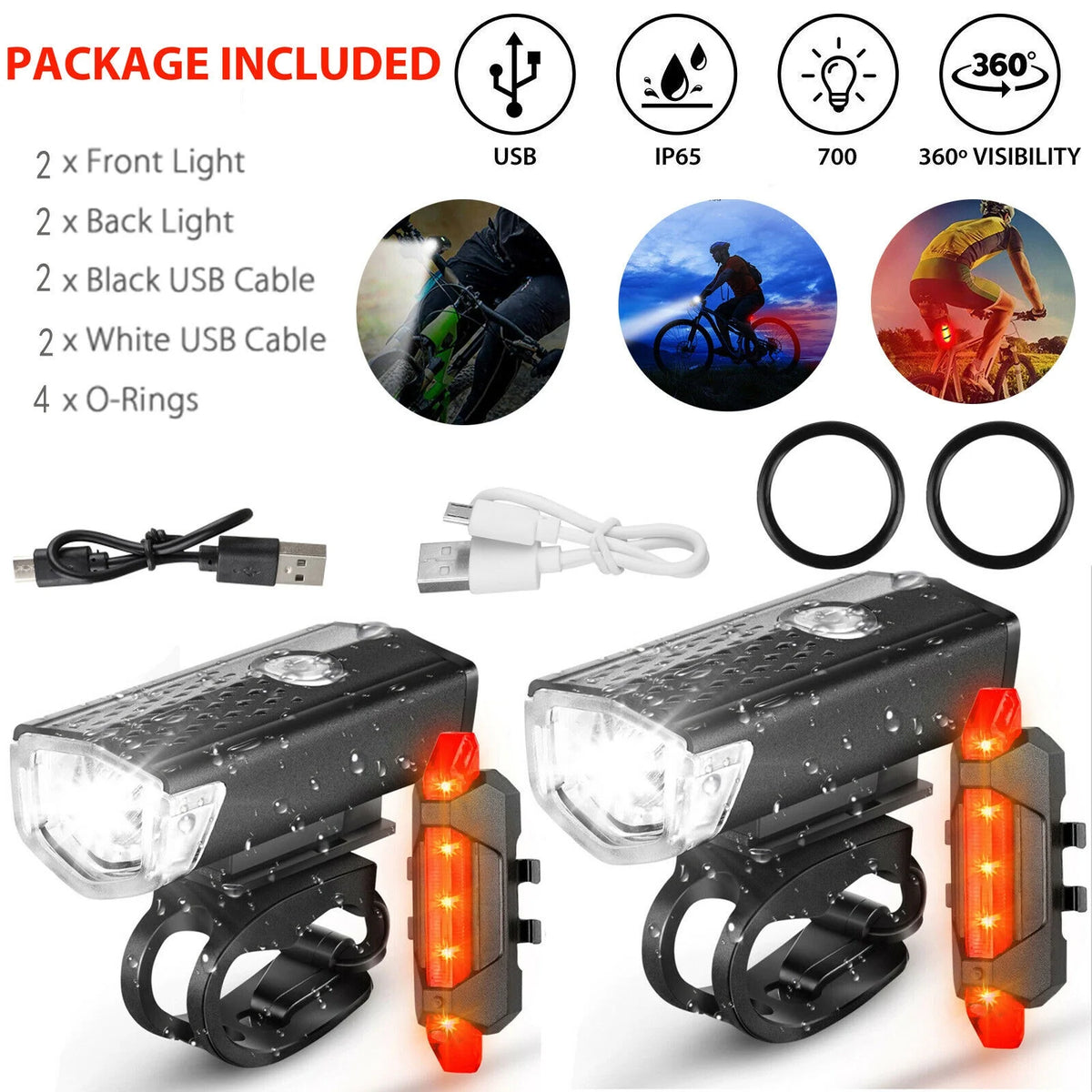 40 Sets USB Rechargeable Bike Light Set, LED Bicycle Headlight Front Rear Lamp Tail Light G7183