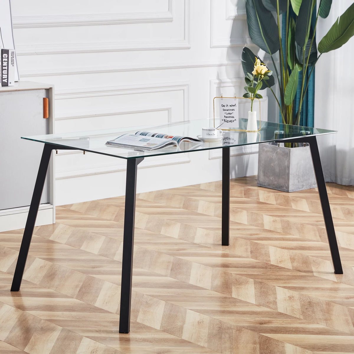 Rectangular Glass Dining Table for 4-6 with Tempered Glass Tabletop and Black Metal Legs I41568
