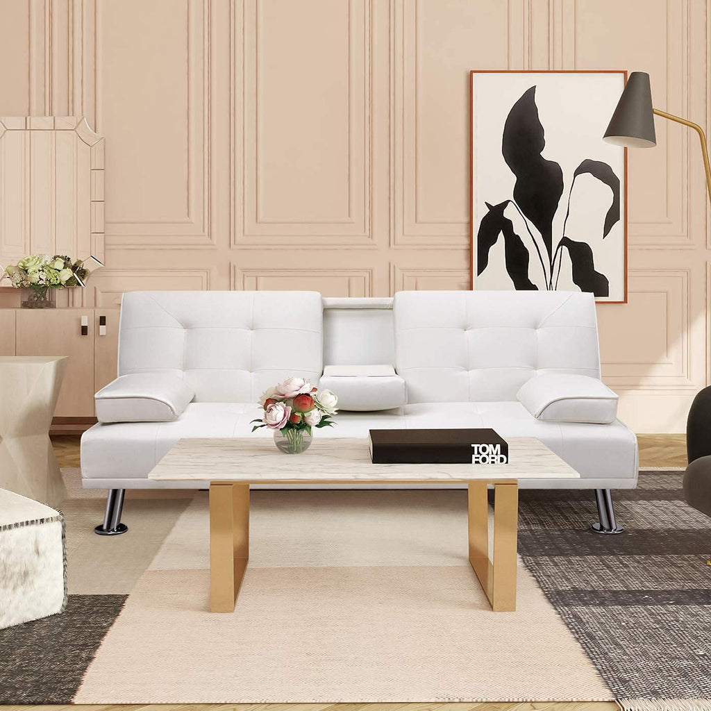 White Faux Leather Sofa Bed with Cup Holders L7347