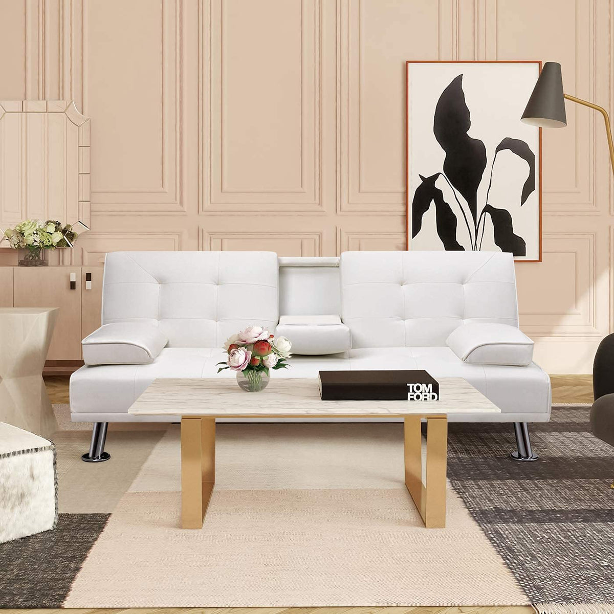 White Faux Leather Sofa Bed with Cup Holders L7347