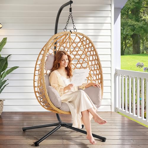 Beige Wicker Rattan Egg Chair with Stand U204583