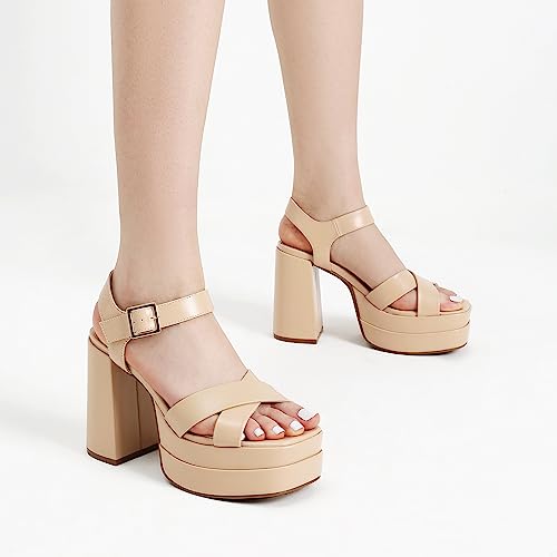 Women's Platform Chunky Heels Square Open Toe Ankle Strap High Heeled Sandals E236