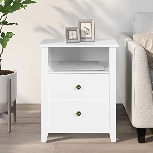 White Nightstands with Drawer Set of 2 Wood Bedside Tables U8338