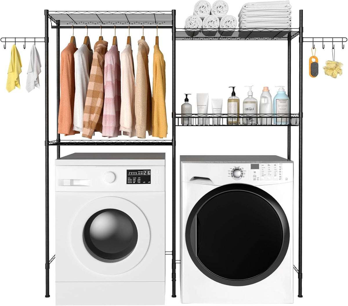 Over The Washer and Dryer Laundry Room Storage Shelf with Adjustable Shelves, Wire Basket, and Rotatable Hooks R51877
