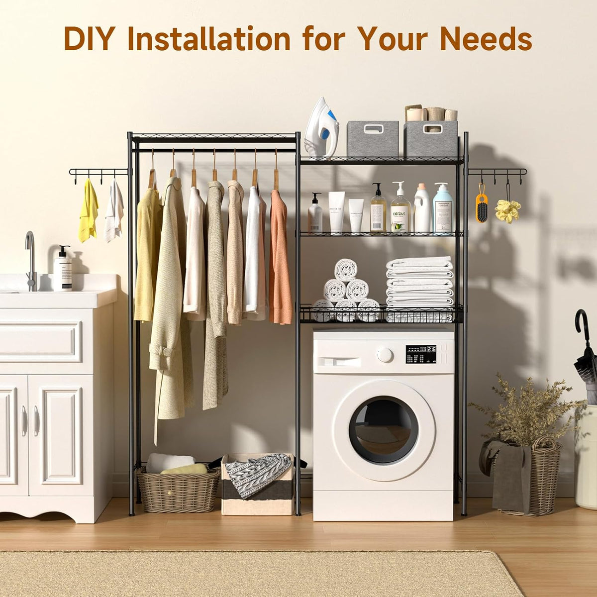 Over The Washer and Dryer Laundry Room Storage Shelf with Adjustable Shelves, Wire Basket, and Rotatable Hooks R51877