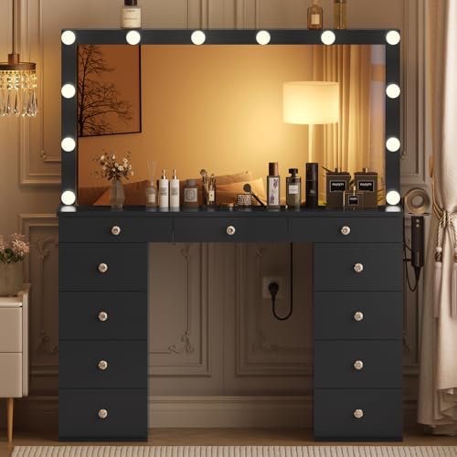 White Vanity Desk with Mirror and Lights, 11 Drawers, Charging Station B979