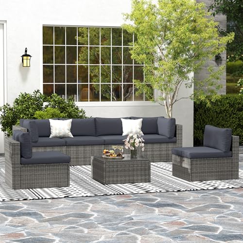 Grey 7 Pieces Outdoor Patio Furniture Set with Glass Tea Table M844703