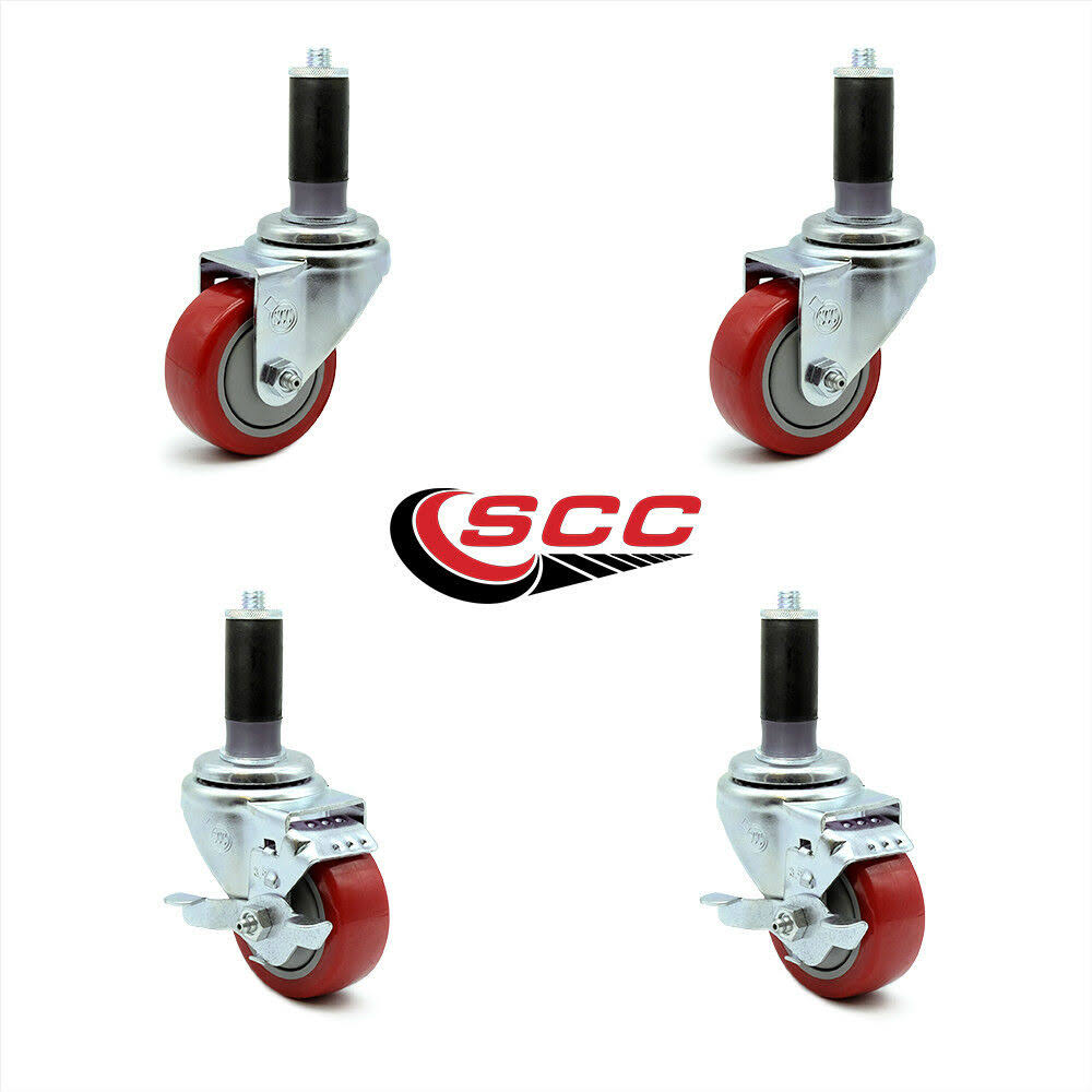 3.5 inch Red Polyurethane Swivel Stem Caster Set 2 Brake D235