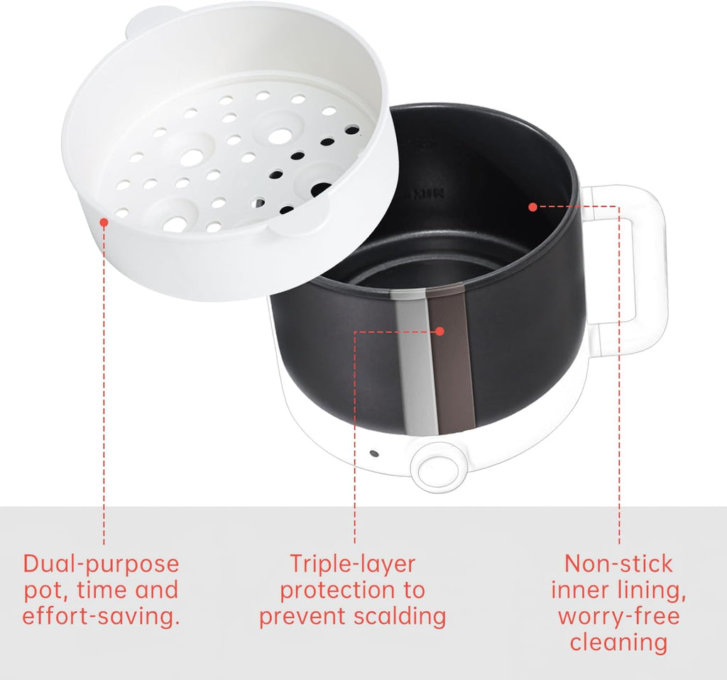 White Electric Mini Ramen Cooker 1.2L Nonstick 300W/600W T405