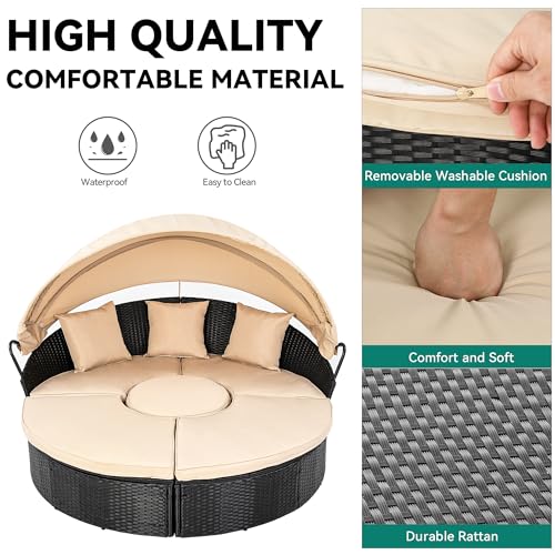 Light Brown Beige Outdoor Wicker Daybed with Retractable Canopy Q58185