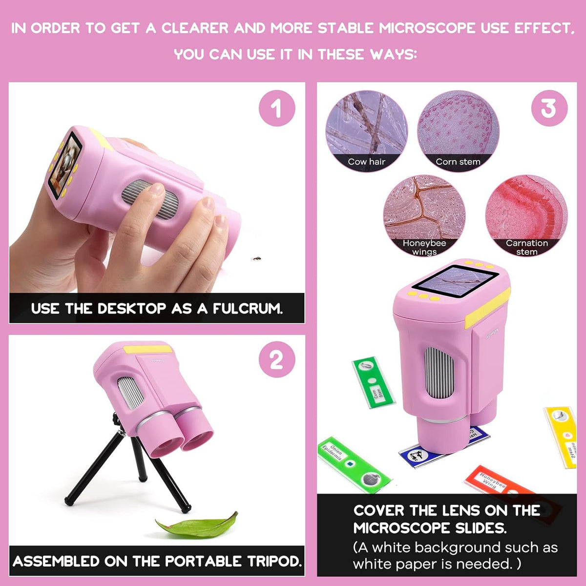 Portable Handheld Kids Microscope 2 LCD Pink N3027