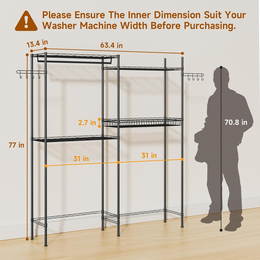 Over The Washer and Dryer Laundry Room Storage Shelf with Adjustable Shelves, Wire Basket, and Rotatable Hooks R51877