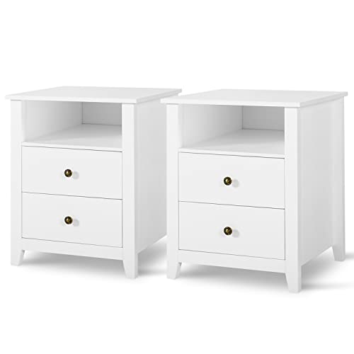 White Nightstands with Drawer Set of 2 Wood Bedside Tables U8338