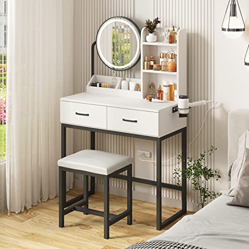 White Vanity Desk with Round Mirror and Lights and Hair Dryer Rack (Brown and Black, 15.75 * 31.5 * 53.6in) V229
