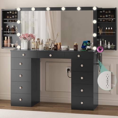 White Vanity Desk with Mirror and Lights, 11 Drawers, Charging Station B979