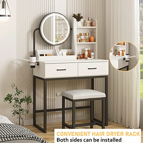 White Vanity Desk with Round Mirror and Lights and Hair Dryer Rack (Brown and Black, 15.75 * 31.5 * 53.6in) V229