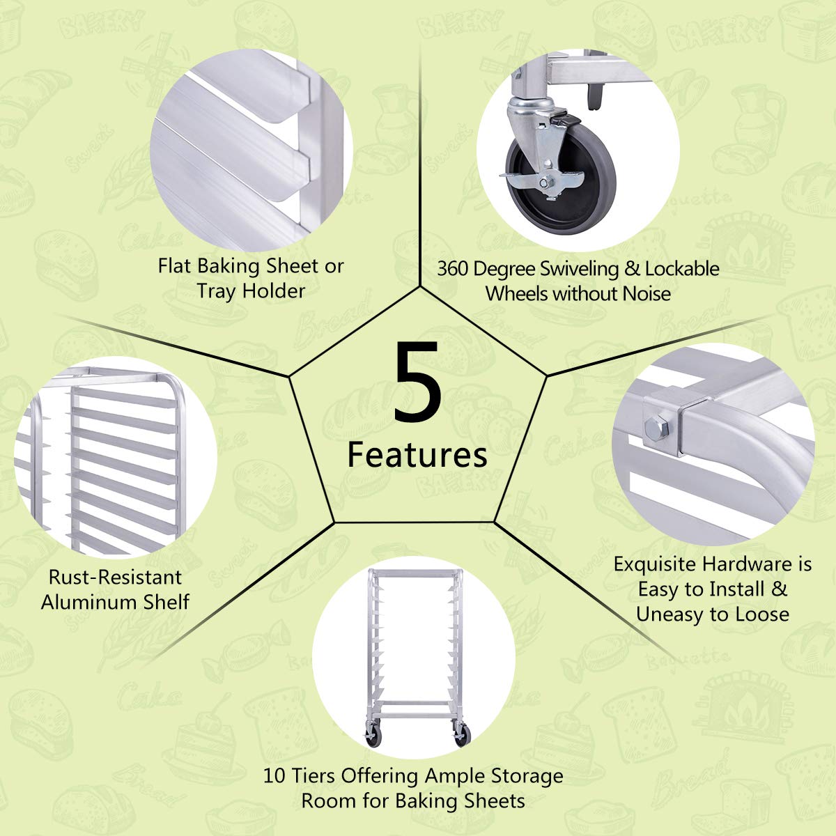 10 Tier Aluminum Bakery Rack with Lockable Casters P52893