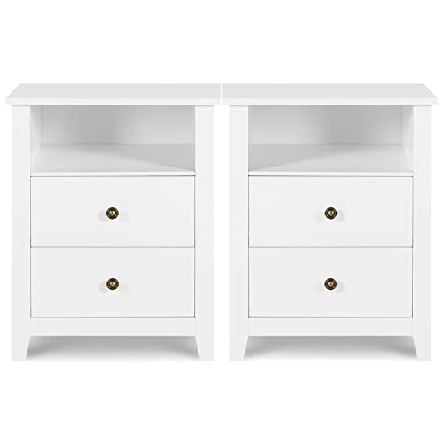 White Nightstands with Drawer Set of 2 Wood Bedside Tables U8338