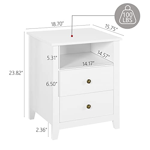 White Nightstands with Drawer Set of 2 Wood Bedside Tables U8338