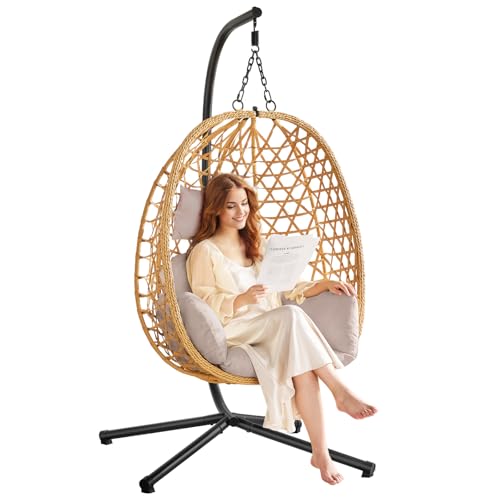 Beige Wicker Rattan Egg Chair with Stand U204583