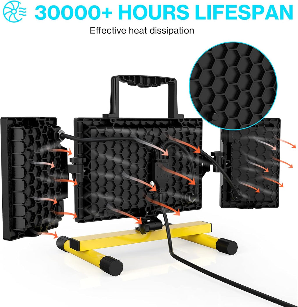 80W LED Work Light, Triple Adjustable Heads, 6500K, IP65 Waterproof, with Stand, Pack of 2 A280