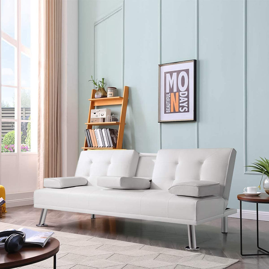 White Faux Leather Sofa Bed with Cup Holders L7347
