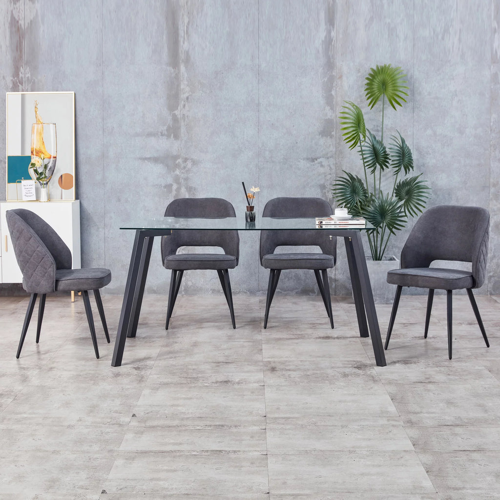 Rectangular Glass Dining Table for 4-6 with Tempered Glass Tabletop and Black Metal Legs I41568