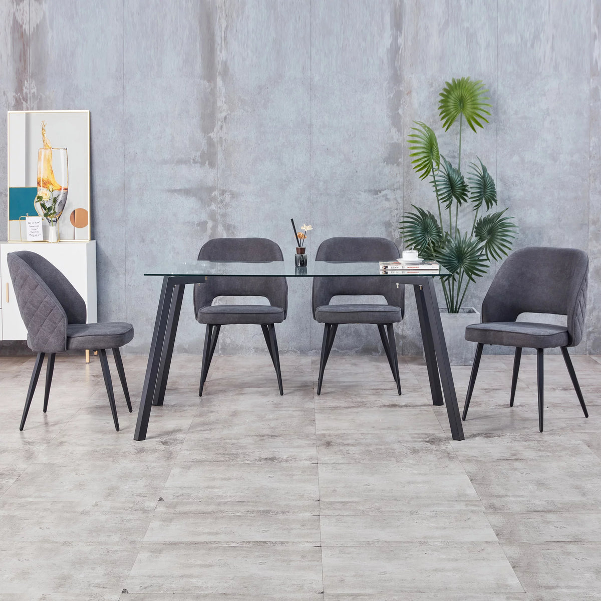 Rectangular Glass Dining Table for 4-6 with Tempered Glass Tabletop and Black Metal Legs I41568