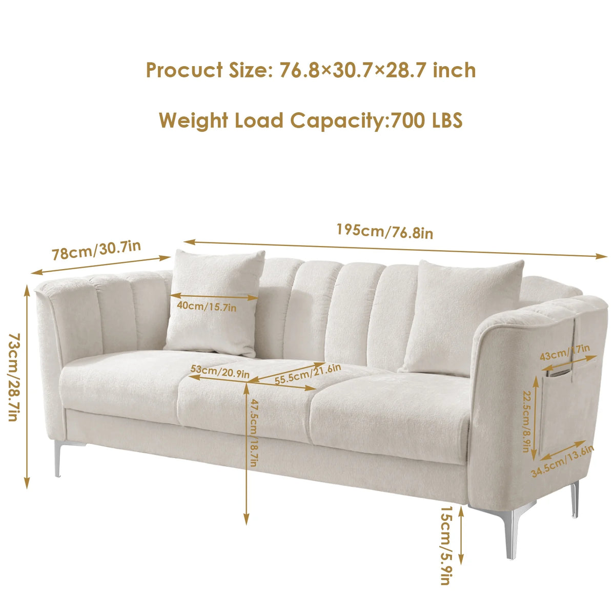 White Chenille Sofa with Armrests B233