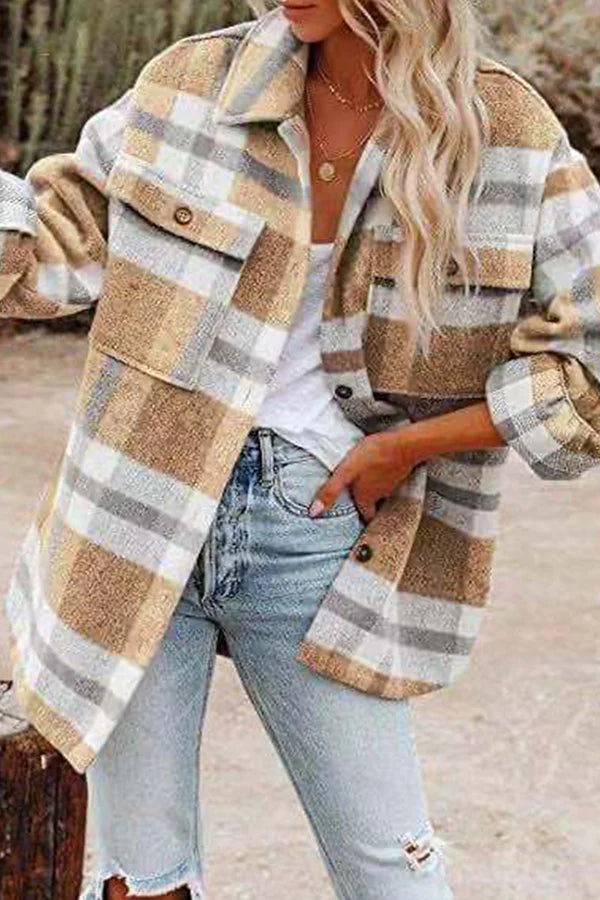 Plaid Pocket Buckle Turndown Collar Outerwear H80502