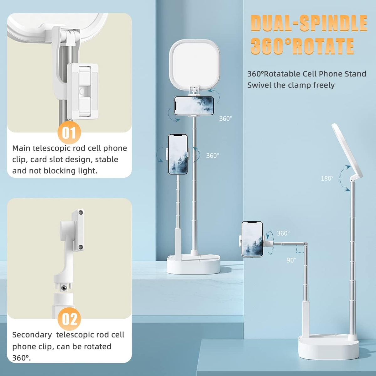 Extendable Selfie Light Stand, Adjustable Phone Selfie Stand, Overhead 360° Rotation Two Phone Holders, Rechargeable Wireless Phone Mount with LED Light, Pack of 2 E205