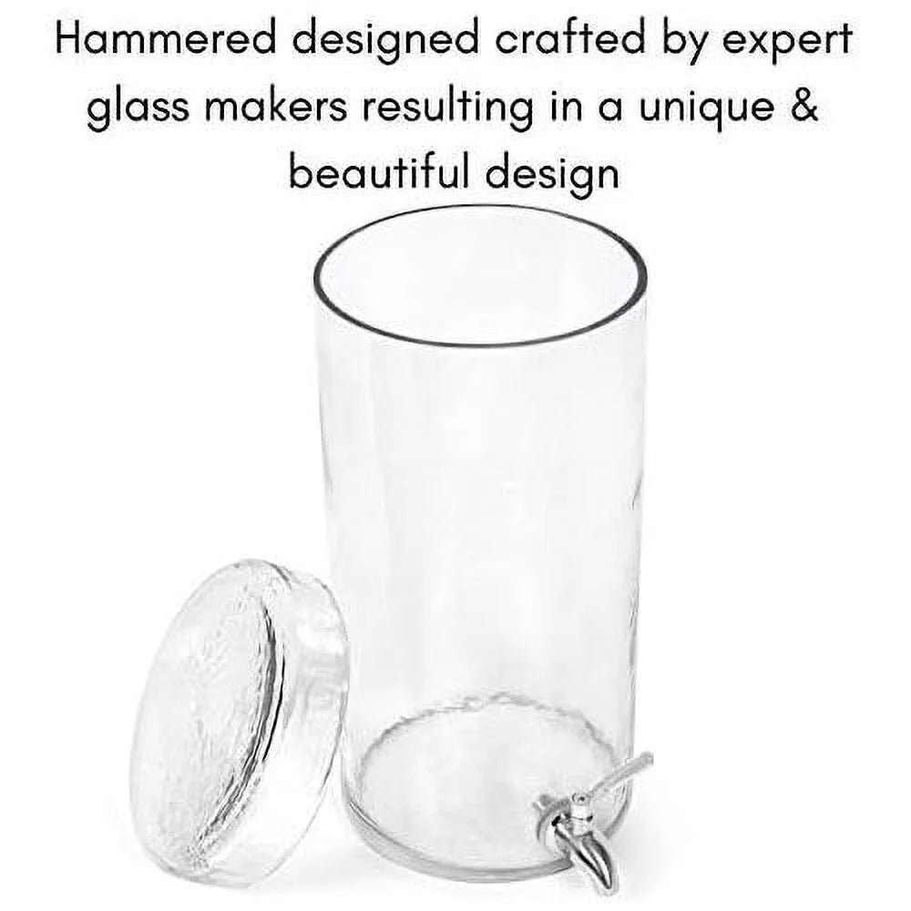 Gallon Beverage Dispenser With Lid, Hammered Glass, Stainless Steel Spigot R18355