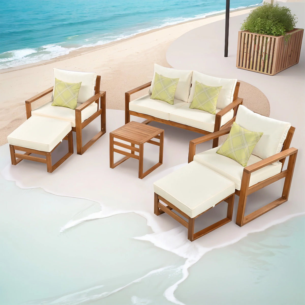 6-Piece Wood Outdoor Patio Conversation Set with Ottomans and Cushions O709