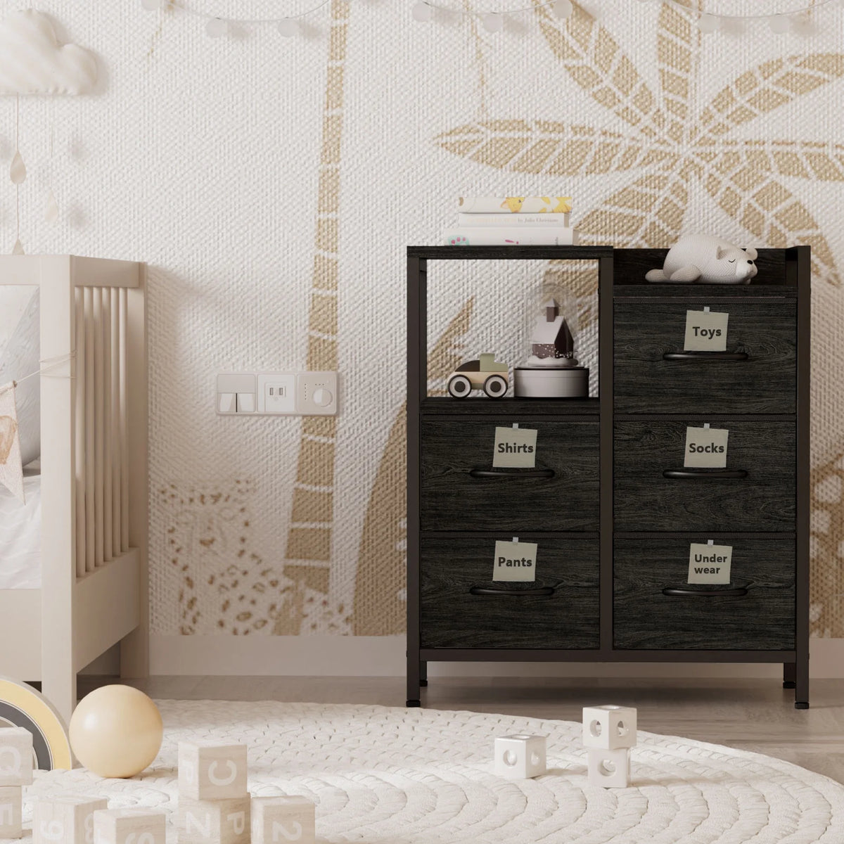 5 Fabric Drawers Rustic Brown Dresser with Shelves M9762