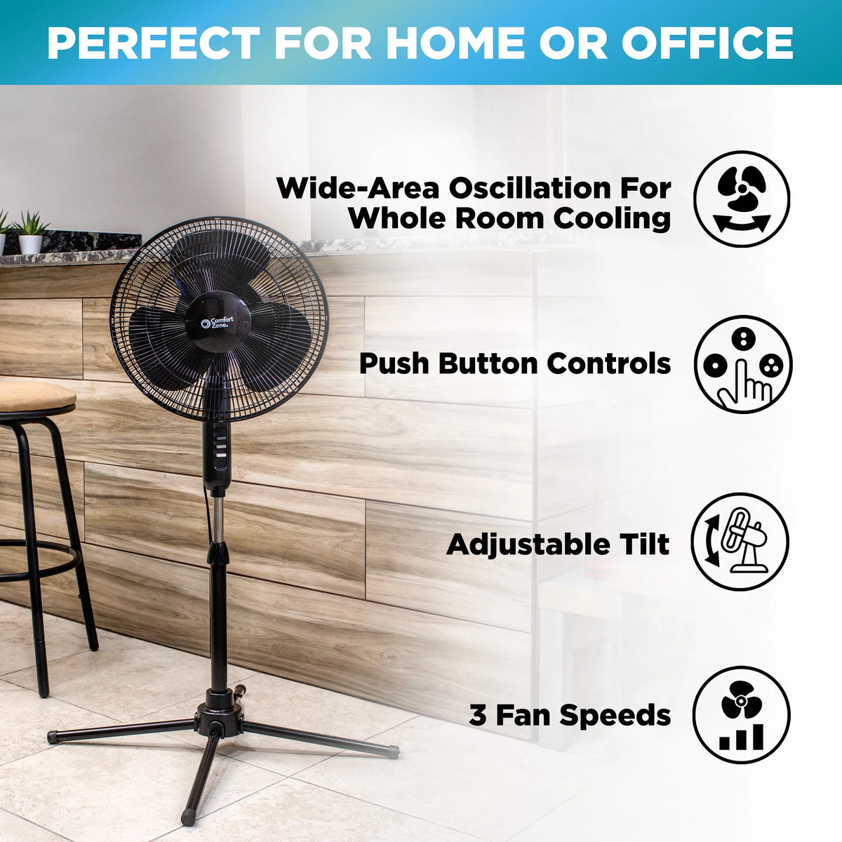 16” Oscillating Pedestal Fan, 3-speed, Adjustable Height and Tilt, Black P26596