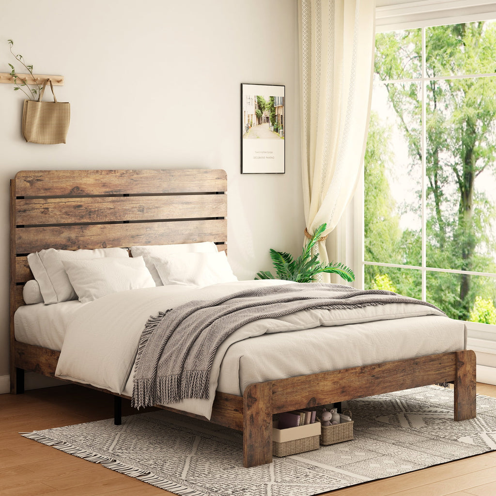 Queen Size Dark Brown Wood Bed Frame with Headboard M37480