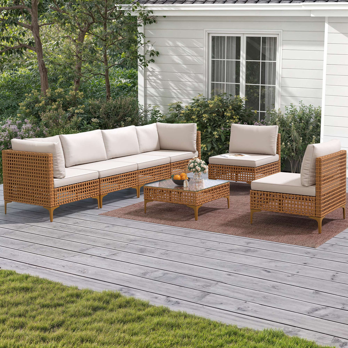 7-Piece PE Wicker Outdoor Sectional Sofa Set with Coffee Table J36622