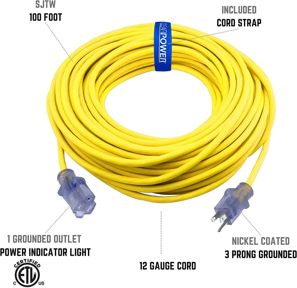 12/3 SJTW 100 ft Outdoor Extension Cord with Power Indicator Light, 3 Prong Grounded, Yellow Q6457