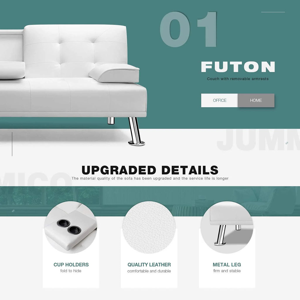 White Faux Leather Sofa Bed with Cup Holders L7347