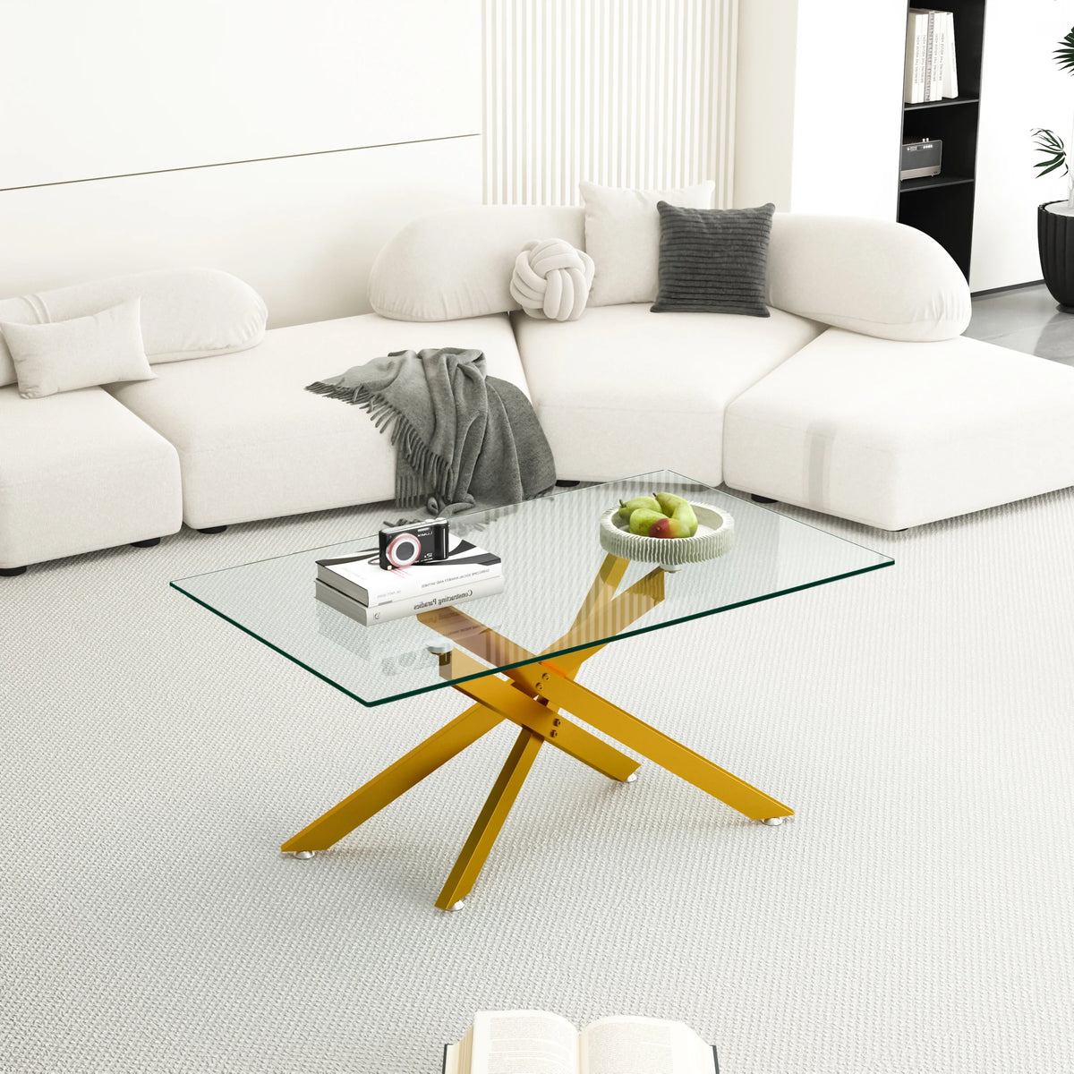 39.4" Rectangular Clear Tempered Glass Coffee Table with Golden Metal Legs R6141