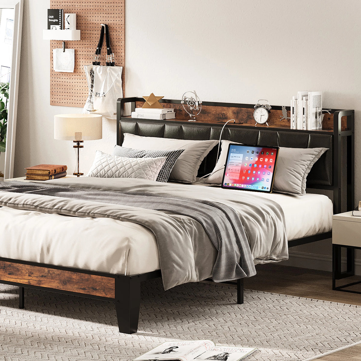 King Metal Bed Frame with Black Storage Headboard P184211