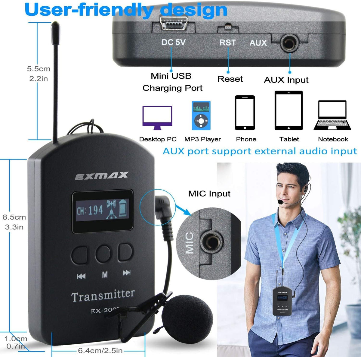 UHF Wireless Tour Guide Device 200 Channels 1 Transmitter & 3 Receivers U20648