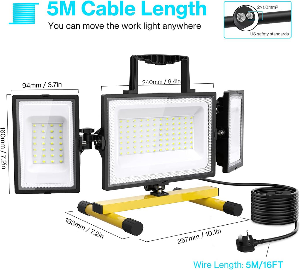 80W LED Work Light, Triple Adjustable Heads, 6500K, IP65 Waterproof, with Stand, Pack of 2 A280