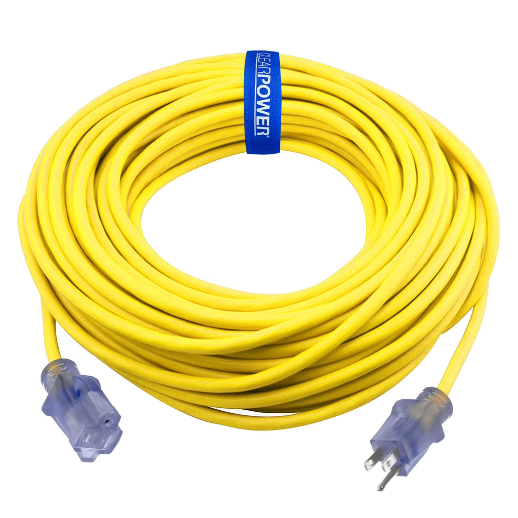 12/3 SJTW 100 ft Outdoor Extension Cord with Power Indicator Light, 3 Prong Grounded, Yellow Q6457